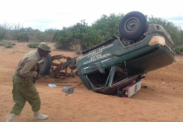 The police vehicle that ran over a landmine in Liboi, Garissa County, on May 25, killing two officers.