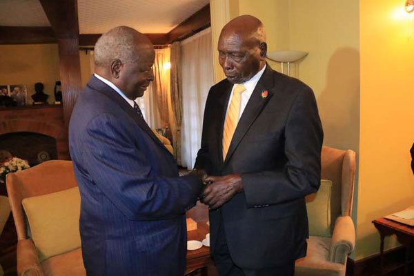 Former presidents Mwai Kibaki (left) and Daniel arap Moi at Mr Kibaki's home in Muthaiga, Nairobi, on May 4, 2016. 