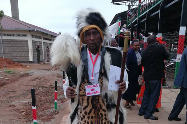 Mau Mau fighter arrives for the celebrations at Kabiru-ini stadium in Nyeri.