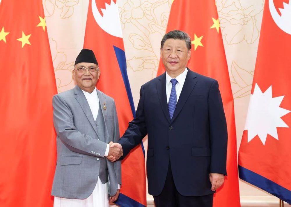 Chinese President Xi Jinping meets with Nepali Prime Minister KP Sharma Oli in Tianjin, north China, Aug. 30, 2025. Oli is in China to attend the Shanghai Cooperation Organization (SCO) Summit 2025, as well as commemorations marking the 80th anniversary of the victory in the Chinese People's War of Resistance against Japanese Aggression and the World Anti-Fascist War. (Xinhua/Huang Jingwen)