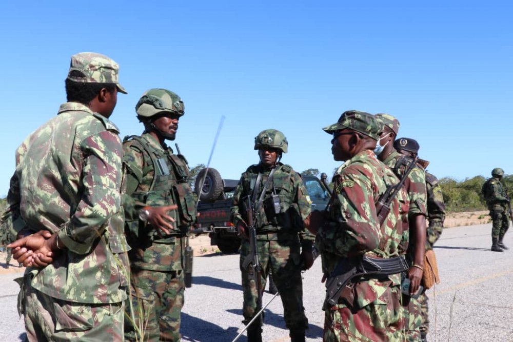 Rwandan and Mozambican troops after arriving in Mocímboa da Praia.  