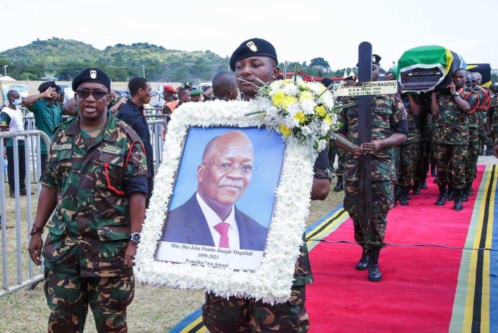 Magufuli's body arrived at Rubambagwe Stadium, Chato, mid-morning, and he was honoured with the singing of both the national anthem and the East African anthem, and a 21-gun salute. Photo CGTN Africa