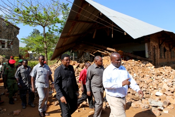 THE Prime Minister, Mr Kassim Majaliwa, walks past Ihungo Secondary School, which was hit by the earthquake that occured in Bukoba Municipality Kagera Region.