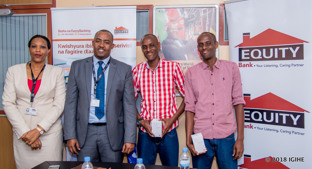 (From left to right); Athanasie Niragira, head of marketing and customers experience at Equity Bank with Andrew Kulahige, Commercial Director at Equity Bank posing with Twins who won the competition;John-Bosco Butare and Benjamin Butare