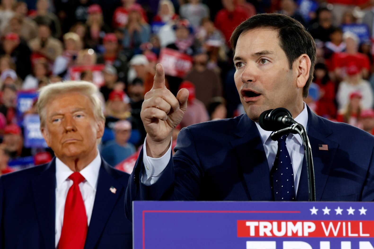 Donald Trump and Sen. Marco Rubio at a campaign rally on November 4, 2024 in Raleigh, NC.