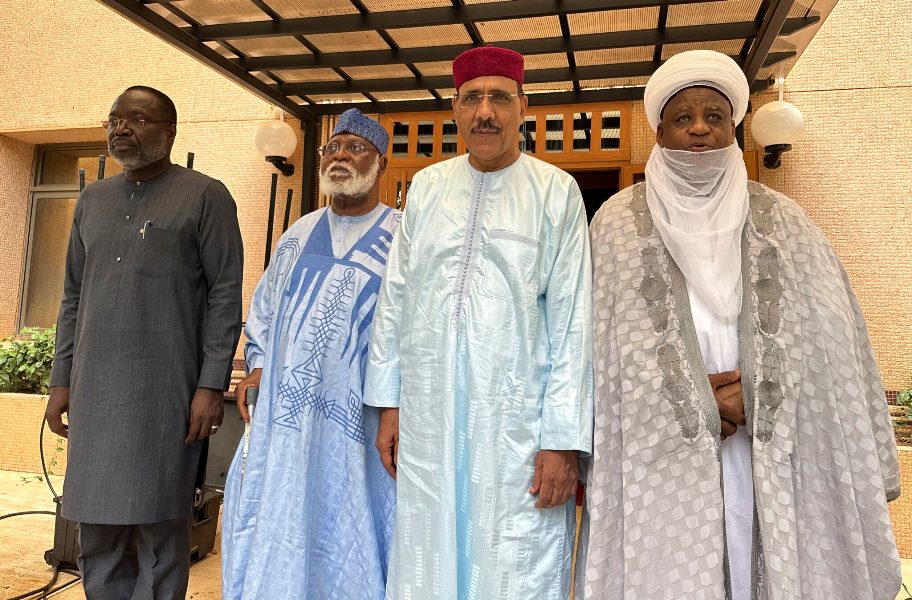 From left; President of the ECOWAS Commission, Mousa Tourey, ECOWAS Special Envoy to Republic of Niger, General Abdulsalami Abubakar, Niger ousted President Mohamed Bazoum and Sultan of Sokoto Alhaji Muhammad Saad Abubakar III, pose in Niamey, Niger, Saturday, Aug. 19, 2023. The delegation from regional nations came to Niger in a last-ditch diplomacy effort to reach a peaceful solution with mutinous soldiers who ousted the country’s president last month. (AP Photo)