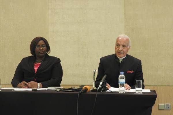 The Minister for Disaster Management and Refugees Affairs, Seraphine Mukantabana with UNHCR representative in Rwanda, Dr. Azam Saber in a press briefing yesterday.  