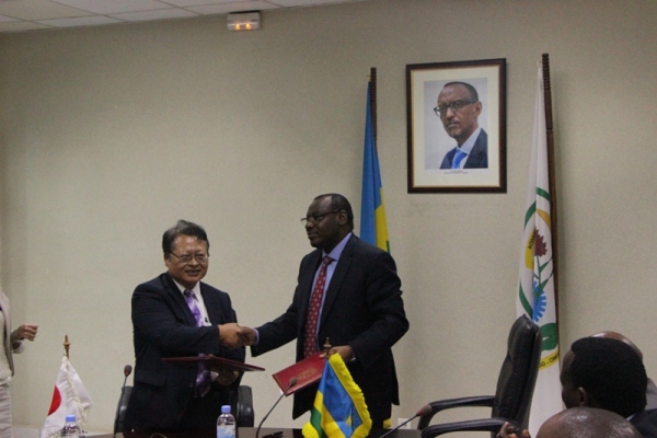 The Japanese embassy in Kigali, Charge d'Affaires Tomio Sakamoto with the Minister of Finance and Economic Planning ,Amb Gatete Claver