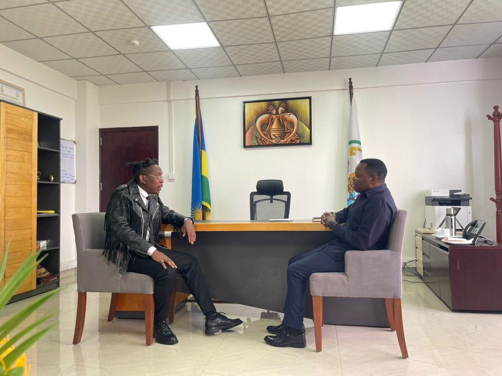 The Minister of Youth, Utumatwishima (right) Abdala during a recent conversation with artiste Bushali.