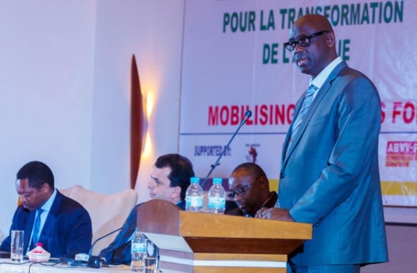 Johnston Busingye, the Minister for Justice, addresses the Pan-African Trade Union conference underway in Kigali yesterday