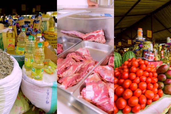 A side-by-side image of food items including cooking oil, meat, and vegetables. In March 2025, food and non-alcoholic beverages rose by 6.4% year-on-year and 2.4% from February, with meat prices surging 34.4%.