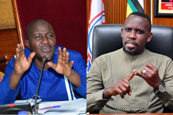 A collage featuring Bugiri Municipality MP and Justice Forum (JEMA) Party President Asuman Basalirwa alongside Joel Ssenyonyi, the Leader of the Opposition in the Ugandan Parliament.