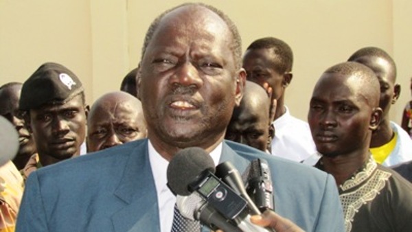 South Sudan’s information minister, Michael Makuei Lueth, speaks to reporters in Jonglei state capital Bor on 25 December 2014 (ST)