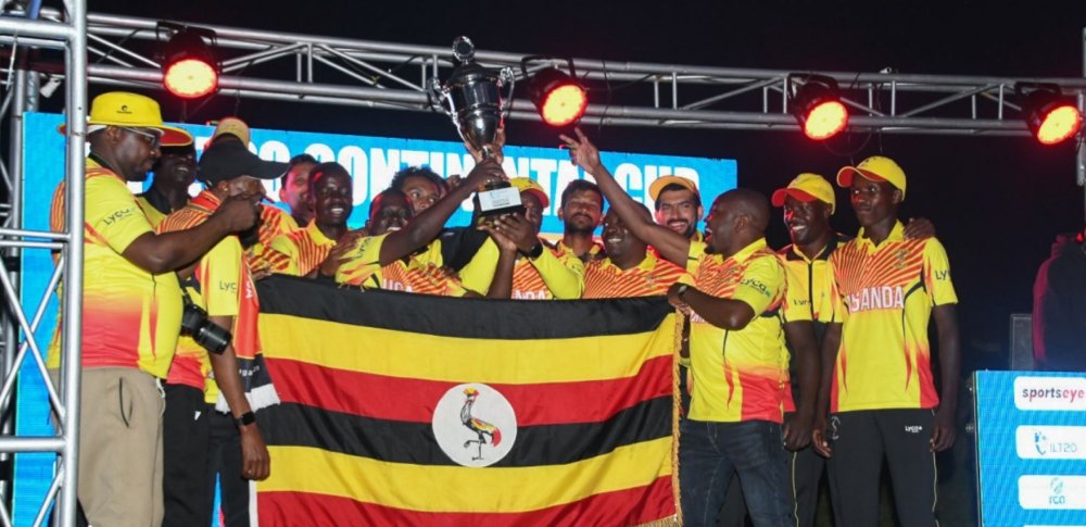 Uganda's national cricket team celebrating victory after winning the ILT20 Continent Cup.