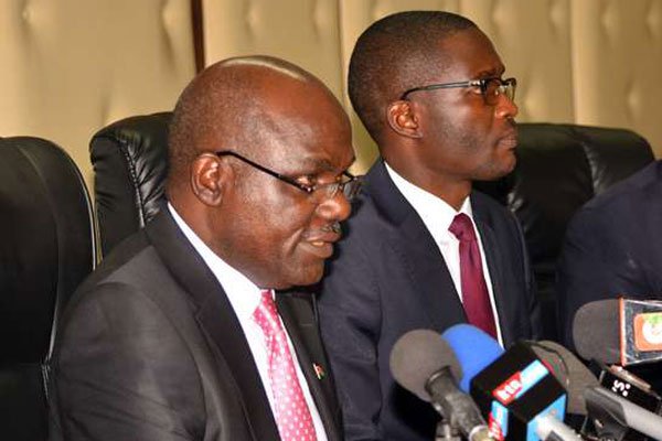 Wafula Chebukati (left), the chairman of the Independent Electoral and Boundaries Commission, with the body's chief executive officer Ezra Chiloba at its office in Nairobi on January 31, 2017.