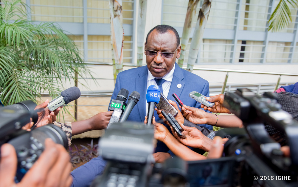 Incoming Infrastructure Minister, Amb. Claver Gatete, speaking to the press