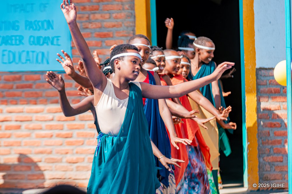 Pupils participating in a Rwandan traditional dance.