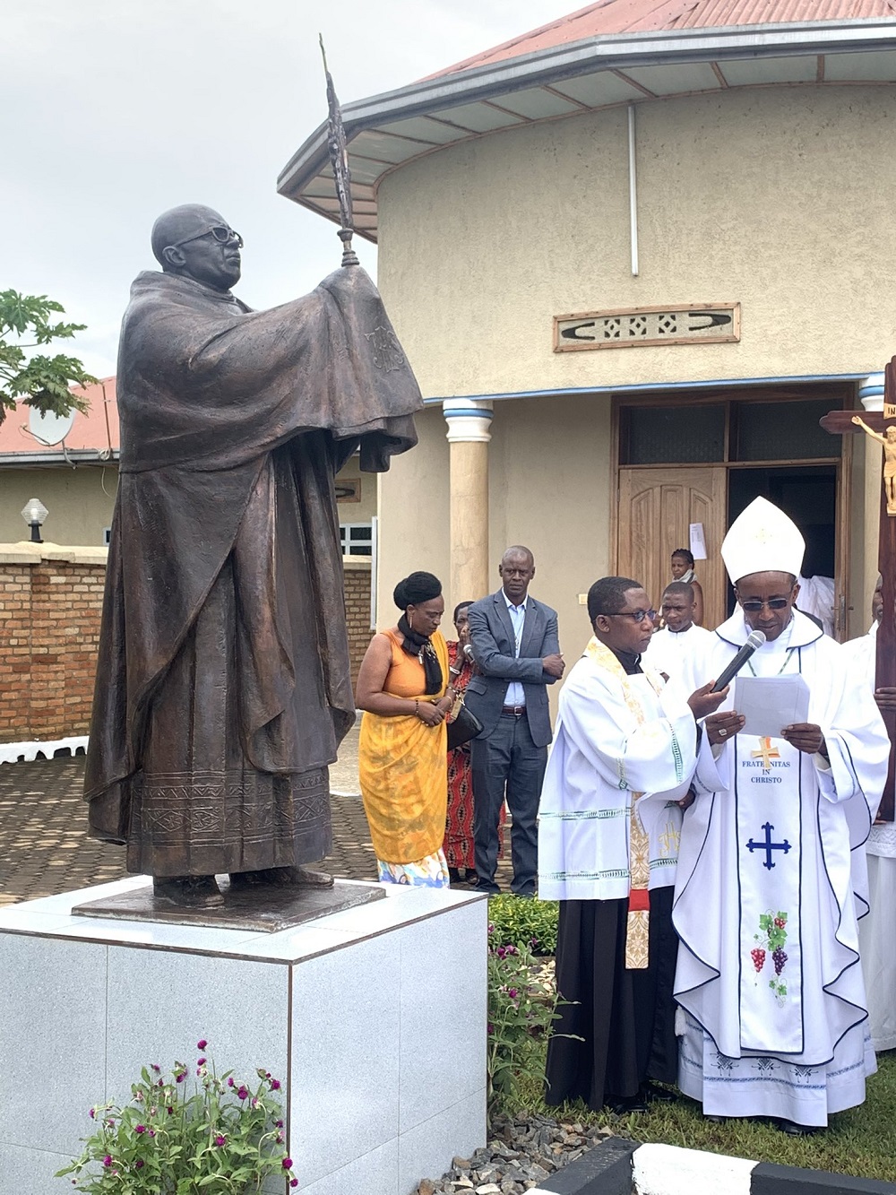 Bishop Edouard Sinayobye of Cyangugu Catholic Diocese delivering a sermon during the unveiling ceremony of the statue of Father Ubald, crafted in Poland