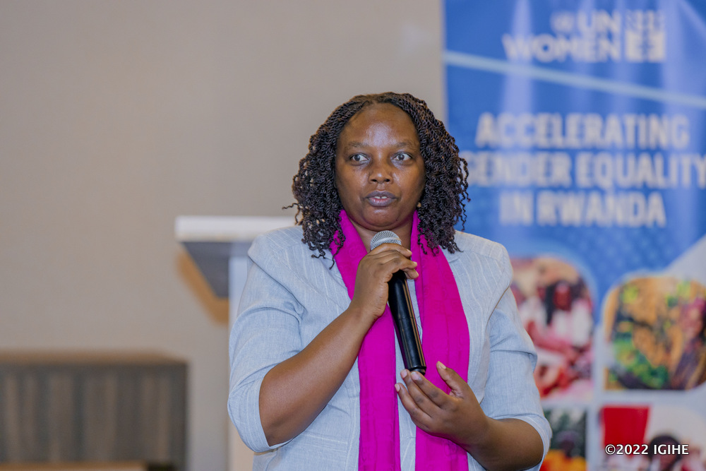 Immaculée Umuhoza Mukarwego, LODA's Specialist for Minimum Package for Graduation speaking at the event.