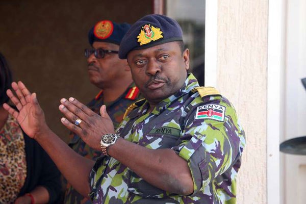 Chief of Defence Forces General Samson Mwathethe addresses journalists at Wilson Airport on January 18, 2016 after receiving more soldiers who were airlifted to Nairobi. The military boss says security forces have launched an operation to pursue attackers and find missing soldiers.