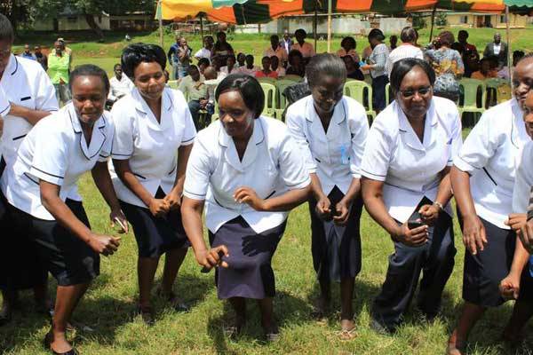 Nurses dance during the launch of the International Nurses Week in Gusii stadium on May 5, 2016. Union boss Seth Panyako said there was need for county governments to harmonise nurses’ pay to avert strikes.