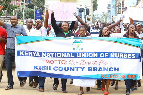 Nurses demonstrate in the streets of Kisii on June 5, 2017 over the failure of the national and county governments to honour their CBA.