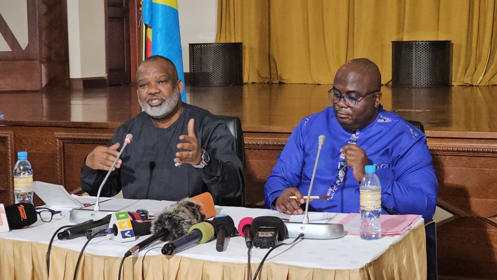 Corneille Nangaa, the coordinator of the AFC/M23 coalition (left) and deputy coordinator Bertrand Bisimwa at a press conference in Goma.