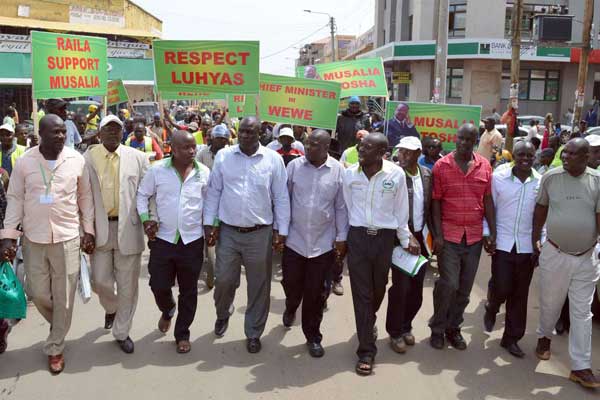 ANC supporters protest in Kakamega Town on April 10, 2017 urging ODM leader Raila Odinga to support Musalia Mudavadi and Kakonzo Musyoka as Nasa flag bearers. Both ODM and ANC have locked horns over a recent report indicating Mr Odinga should be the presidential candidate.