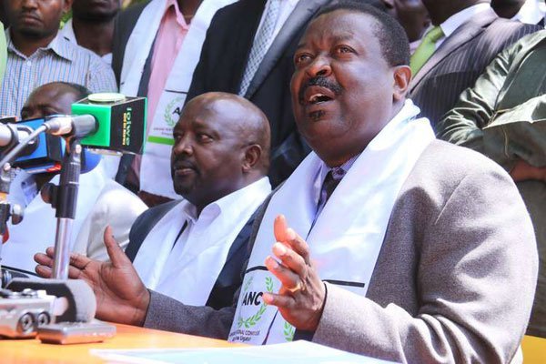 Amani National Congress leader Musalia Mudavadi (right) and former Agriculture Minister Kipruto arap Kirwa at the party's office in Nairobi on January 10, 2017.