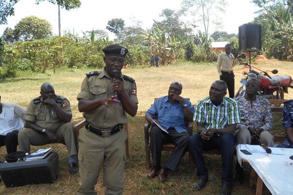 Assembly. Mr Victor Saasi Kule addresses residents during a meeting held at Kyagalanyi playground in Mpigi District on Monday.