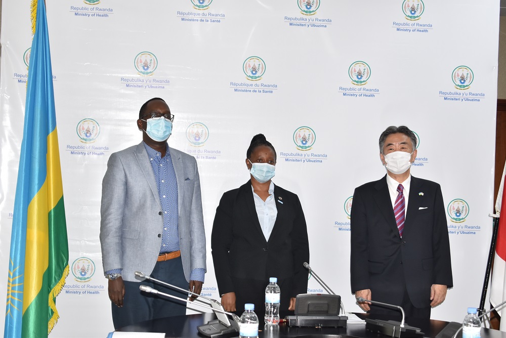 From left: Rwanda's Minister of Health,  Country representative of World Health Organization and the ambassador of Japan in Rwanda at the handover ceremony.   