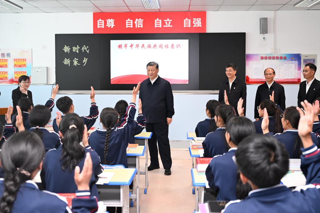 Chinese President Xi Jinping, also general secretary of the Communist Party of China Central Committee and chairman of the Central Military Commission, visits a middle school in Xining, northwest China's Qinghai Province, June 18, 2024. Xi inspected Qinghai Province on Tuesday.