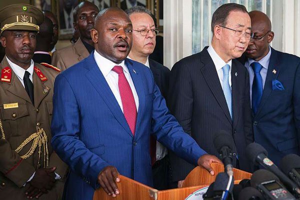 Burundi’s president Pierre Nkurunziza speaks after talks with United Nation’s Secretary-General Ban Ki-moon (right) at the president’s office in Bujumbura.