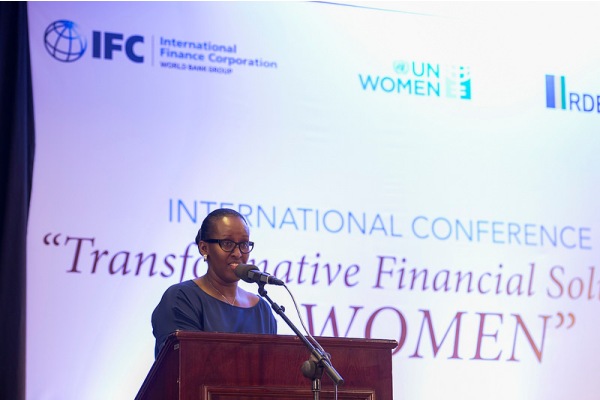 Madam Jeannette Kagame conveying message at the launch of New Faces New Voices