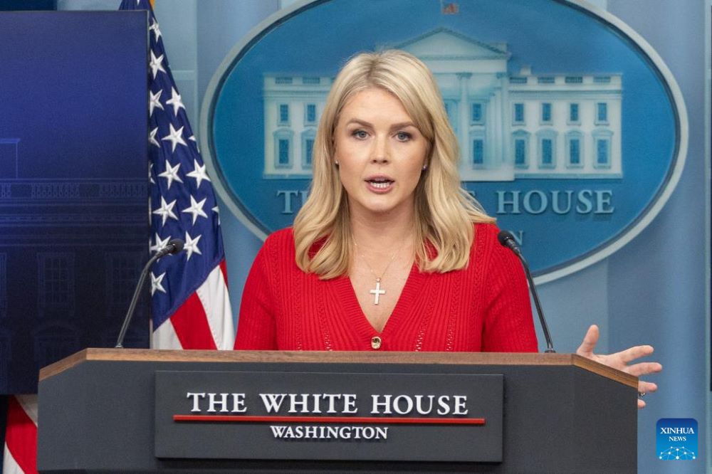 White House Press Secretary Karoline Leavitt speaks during a press briefing at the White House in Washington, D.C., the United States, on May 29, 2025. (Xinhua/Hu Yousong)