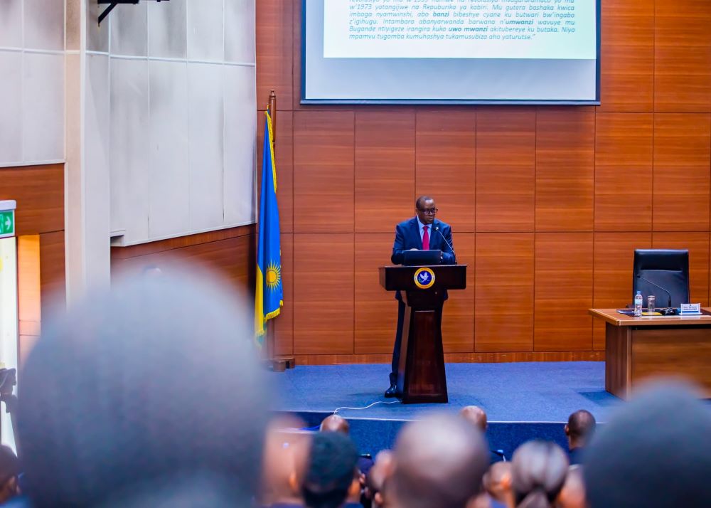 Dr. Jean Damascene Bizimana, Minister of National Unity and Civic Engagement, delivering a public lecture on the 1994 Genocide against the Tutsi at the Rwanda National Police Headquarters.