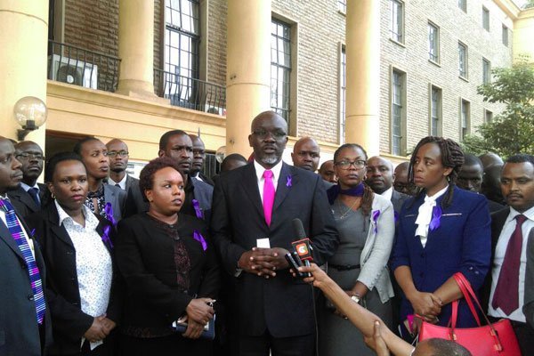Law Society of Kenya chairman Isaac Okero addresses the media in Nairobi on July 1, 2016. Mr Okero has demanded the resignation of police boss IG Boinnet, Deputy IG Arachi and the stepping aside of Interior CS Nkaissery over the killing of lawyer Willie Kimani.