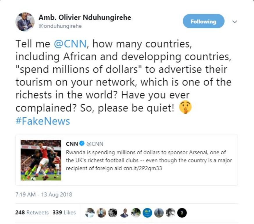 Amb. Olivier Nduhungirehe, the Minister of State for Foreign Affairs among tweeps who snubbed CNN's article
