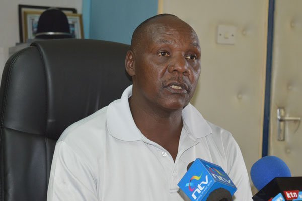 Western region police commander Moses Ombati addressing press at his office in Kakamega on December 3, 2016. He said one of the seven guns stolen from Booker police post in Mumias was recovered on Friday.