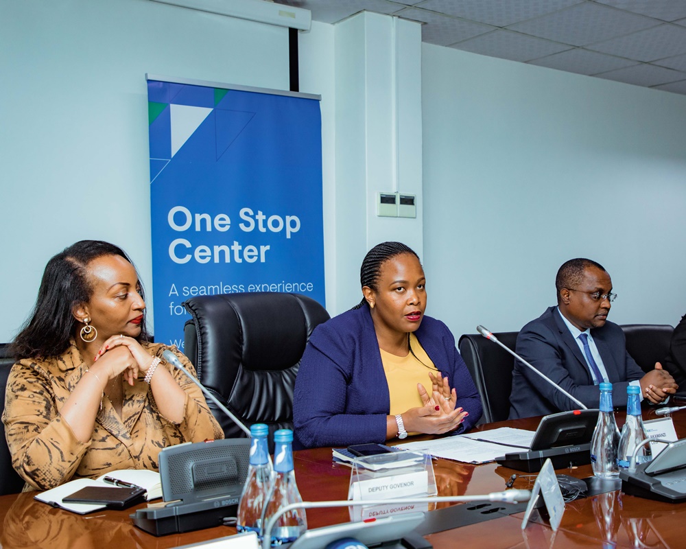 From left: Central Bank Vice Governor, Soraya Hakuziyaremye; the CEO of RDB, Clare Akamanzi and the Minister of Trade and Industry, Dr. Ngabitsinze Jean chrysostome during a press briefing at the launch of RDB One Stop Centre.  