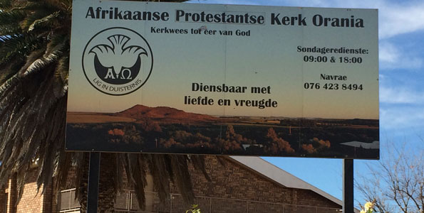 The Afrikaanse Protestante Kerk church in Orania in the Orange River in South Africa's Northern Cape Province. Two black journalists were barred from attending service in the church on June 25, 2017.