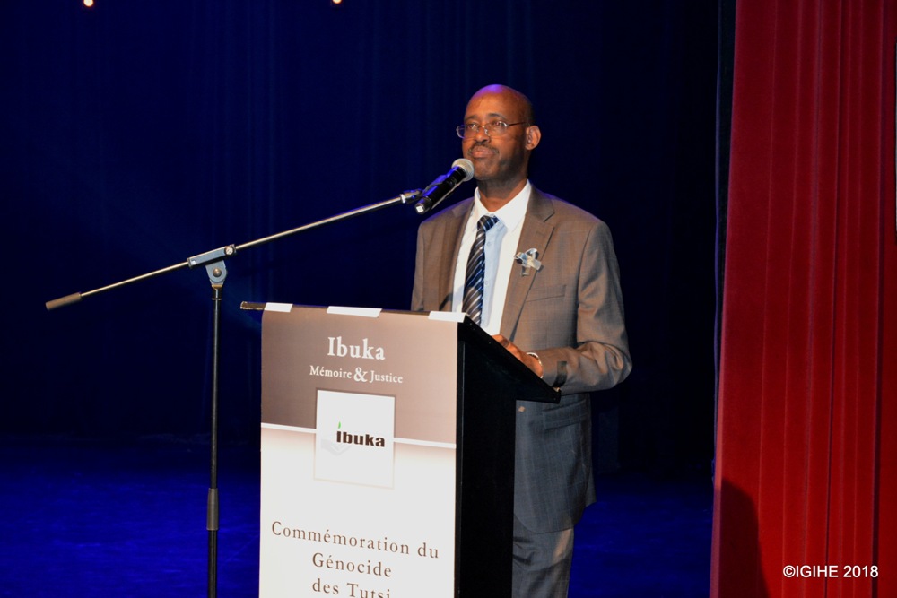 President of Ibuka-Memoire Justice belgique; Déo Mazina speaking at the event