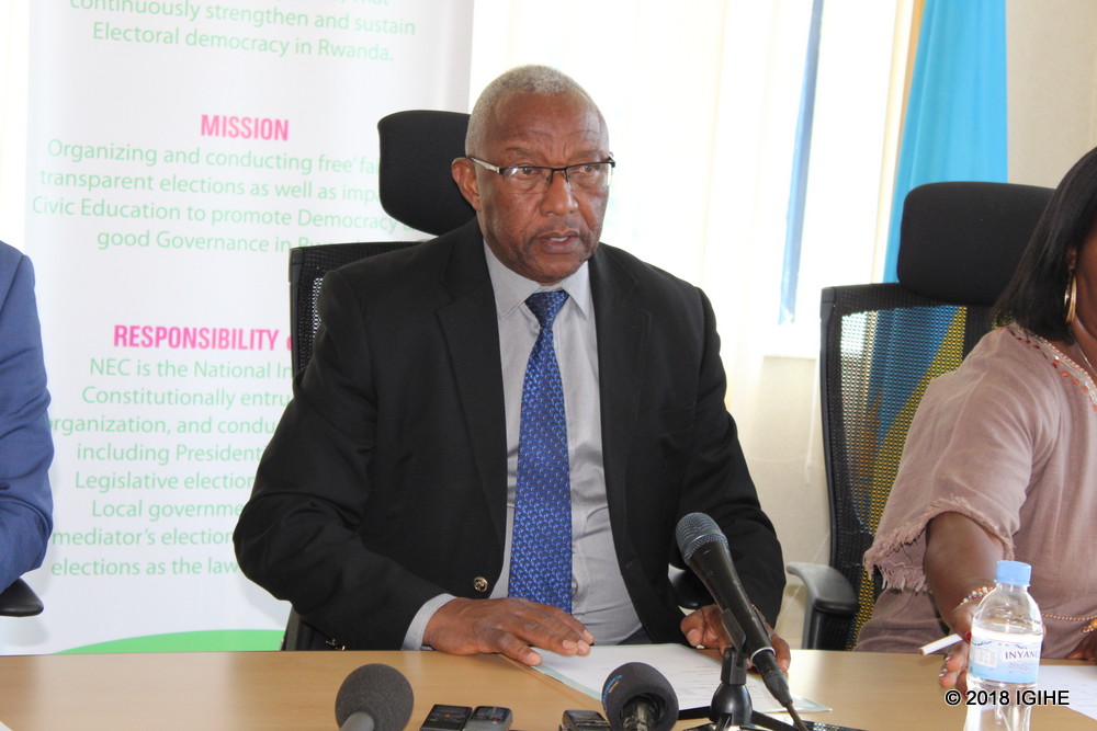 NEC Chairperson Prof. Kalisa Mbanda speaks to the media