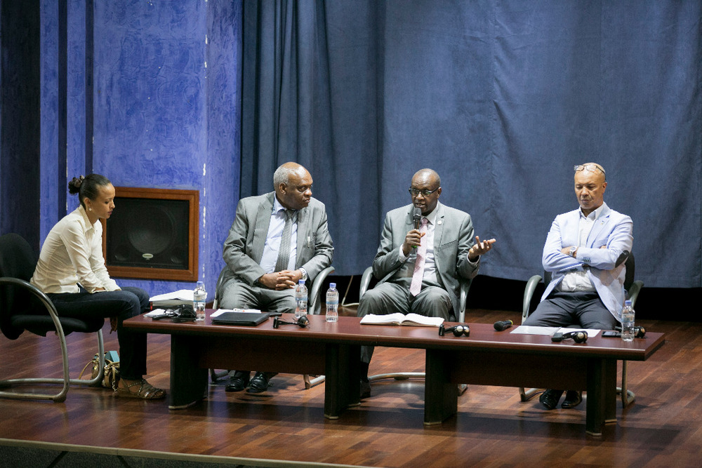 The panelists that led the Café Litteraire session; (From Left) André Twahirwa, CNLG’s Executive Secretary Jean Damascène Bizimana and Rwandan Belgian author Albert Toch.