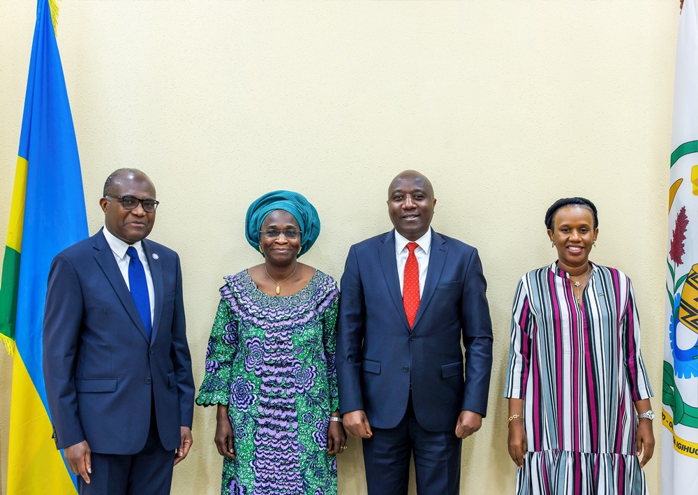 André Bogui, Director of the Office of the Director-General (left); Cynthia Samuel-Olonjuwon, Assistant Director-General for Africa at the International Labour Organization; Premier Ngirente and Minister Rwanyindo after holding discussions. 