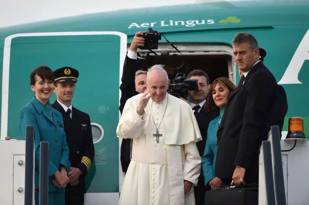 Pope Francis leaving on an Aer Lingus aircraft from Dublin Airport back to the Vatican putting an end to his visit to Ireland on August 26, 2018.