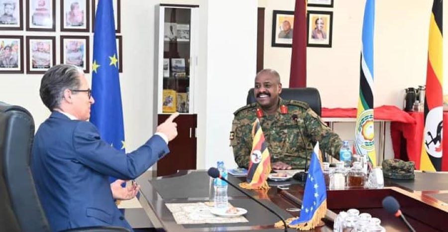 Gen. Kainerugaba having a light moment with His Excellency Jan Sadek on Thursday afternoon.