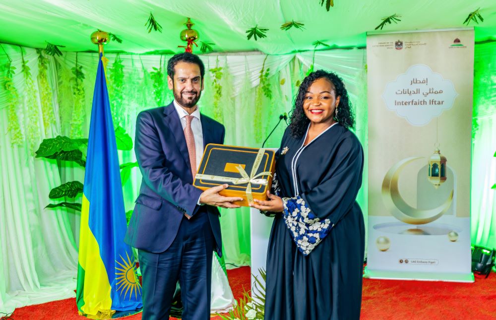 The Permanent Secretary at the Ministry of Foreign Affairs and International Cooperation, Clementine Mukekareceiving a gift from His Excellency Ambassador Hazza AlQahtani.