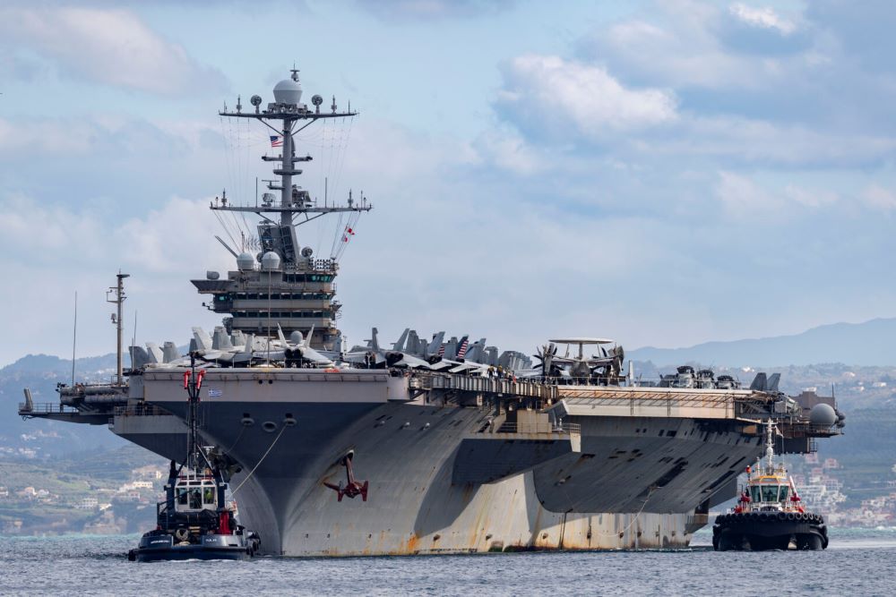 The Nimitz-class aircraft carrier USS Harry S. Truman (CVN 75) in Souda Bay, Crete, Greece.