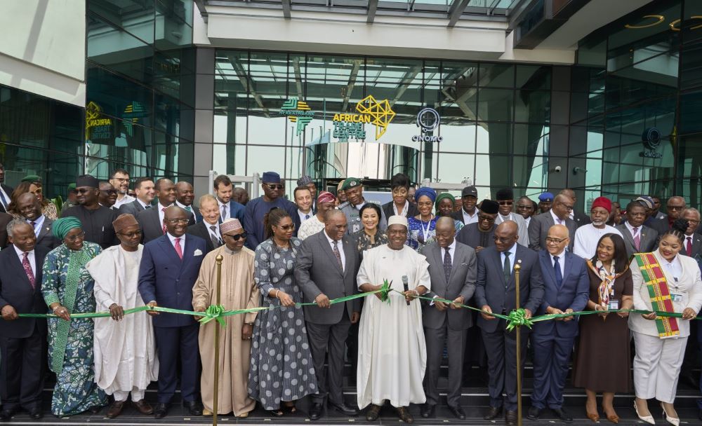 Senator George Akume, Secretary to the Government of the Federation (C) cutting ribbon with other officials at the launch of the Afreximbank African Trade Centre in Abuja on April 10, 2025.
